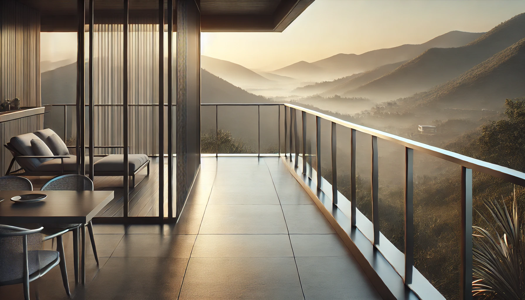 DALL·E 2024-11-01 11.11.39 – A background image for a hero slider showcasing a sleek aluminum railing system on a balcony with a stunning view. The railing is minimalist and moder