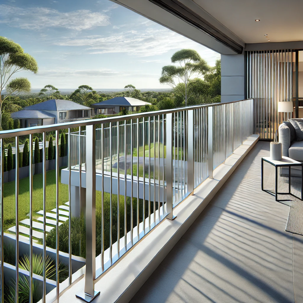 DALL·E 2024-11-10 13.30.32 – A sleek and modern aluminium railing system installed on a residential balcony, showcasing clean lines and a contemporary design. The railing features